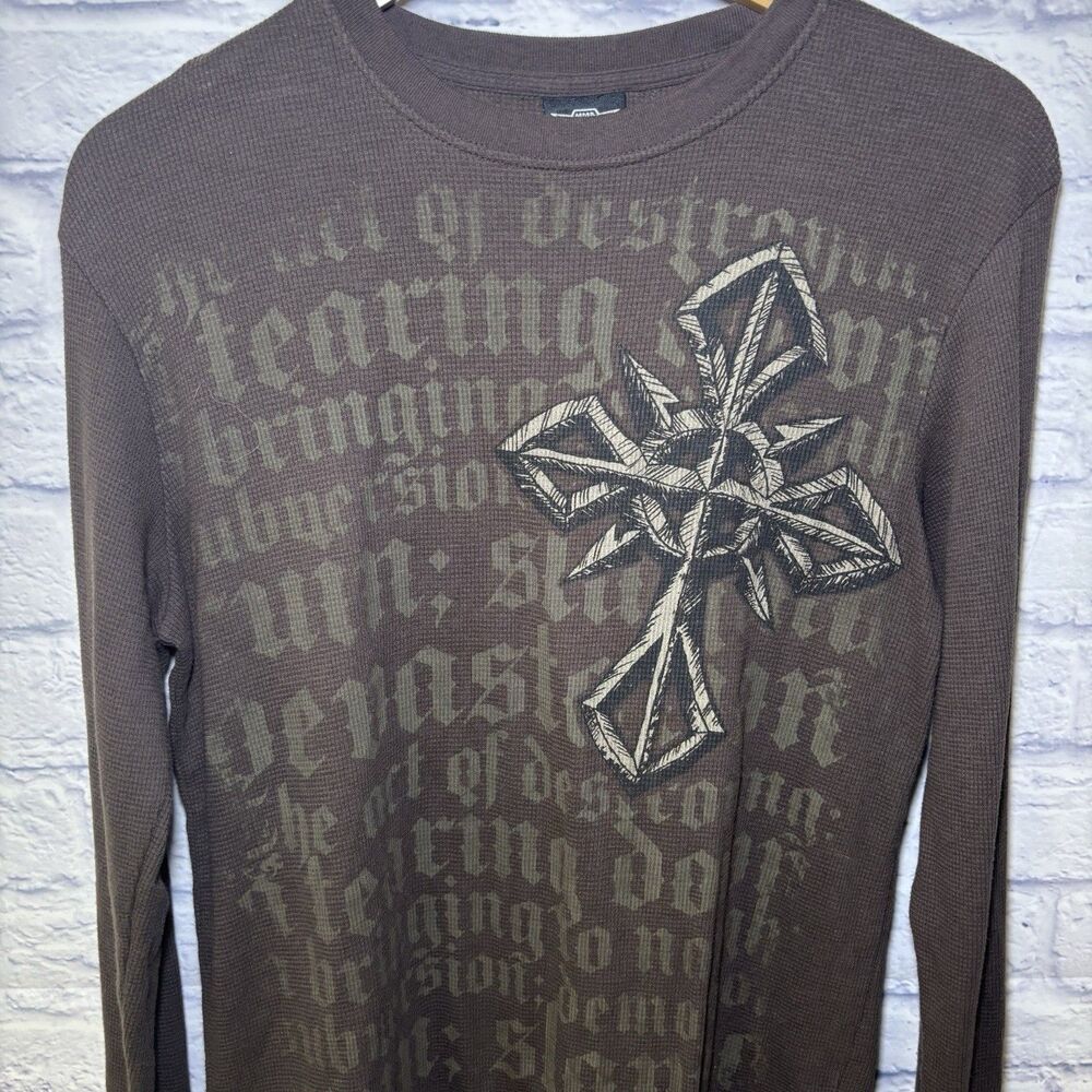 MMA Elite Shirt Men's Large Brown Thermal Waffle Knit Y2K Graphic Cross Wings